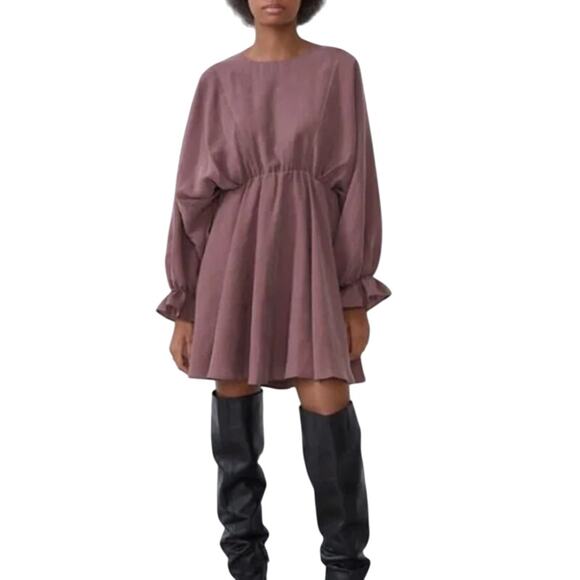 Zara Long Sleeve Blouson Mini Dress in Dusty Mauve Tobi Style - Picture 1 of 8